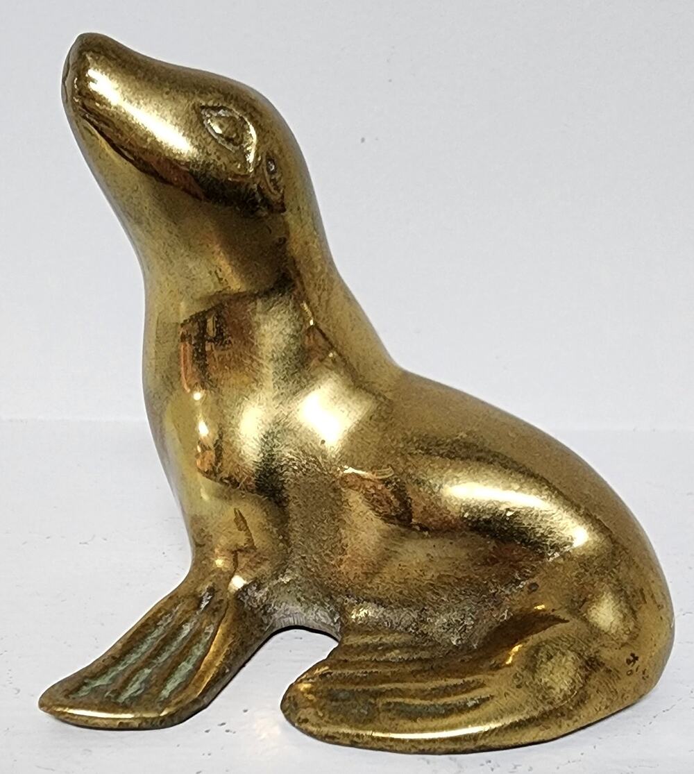 Vintage Brass Seal Figurine 3" Tall Detailed Marine Animal Paperweight Decor